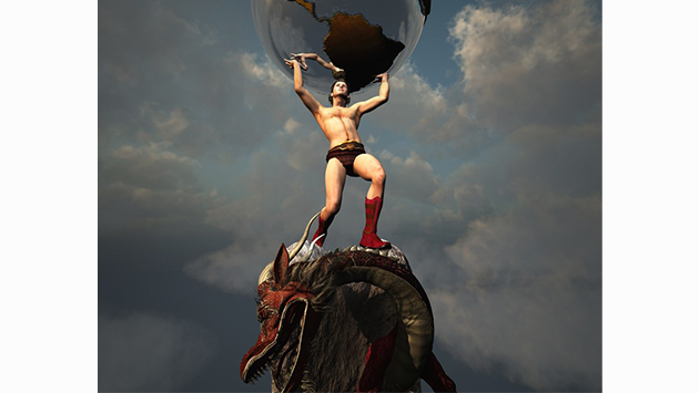 man holding up the world while standing on a a dragon